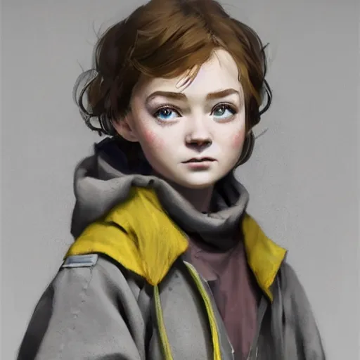 Image similar to a highly detailed epic cinematic concept art CG render digital painting artwork costume design: Sadie Sink, pixie cut, in a used 1950s man's coat and hoodie. muted grey colors with tiny yellow accents. By Greg Rutkowski, Ilya Kuvshinov, WLOP, Stanley Artgerm Lau, Ruan Jia and Fenghua Zhong, trending on ArtStation, made in Maya, Blender and Photoshop, octane render, excellent composition, cinematic atmosphere, dynamic dramatic cinematic lighting, aesthetic, very inspirational, arthouse