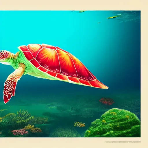 Image similar to a beautiful stunning fantasy whimsical matte digital illustration of a light-green sea turtle swimming over an red-orange coral reef through blue-violet waters, triadic color palette, painted in the style of National Geographic, trending on artstation hq