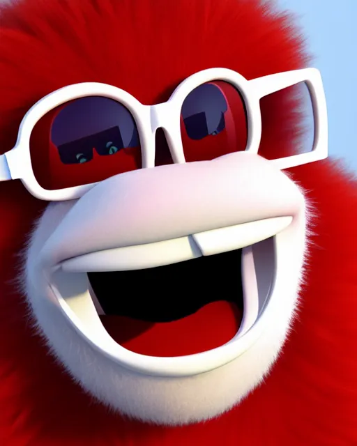 Prompt: 3 d render of completely red hairy friendly antropomorphic cartoony creature wearing white ray - ban shades, full body, simple, grin square teeth with no nose, cute, white background, unreal engine 5 hdr