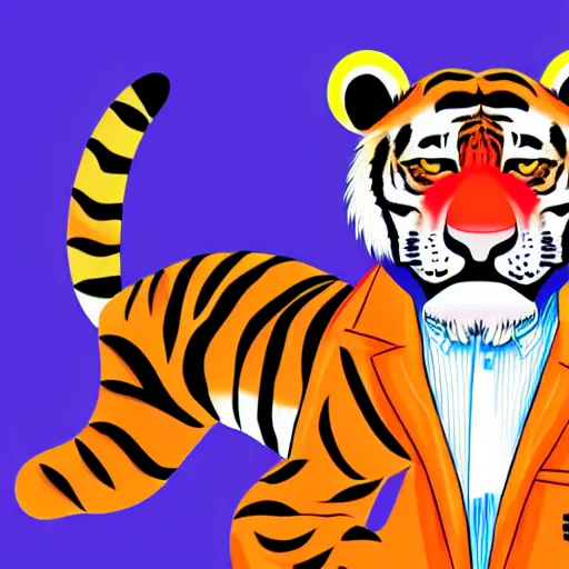 Image similar to A tiger in a lab coat with a 1980s Miami vibe, turning a well oiled science content machine, digital art