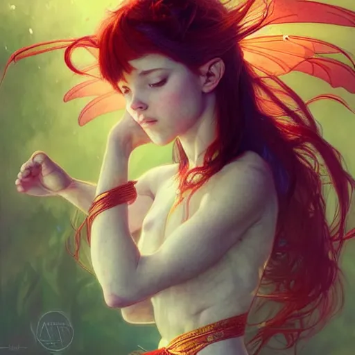 Image similar to beautiful natural fairy small winged redhead martial artist karate fey, vivid colors, intricate, elegant, highly detailed, digital painting, artstation, concept art, smooth, sharp focus, illustration, art by artgerm and greg rutkowski and alphonse mucha and loish and wlop