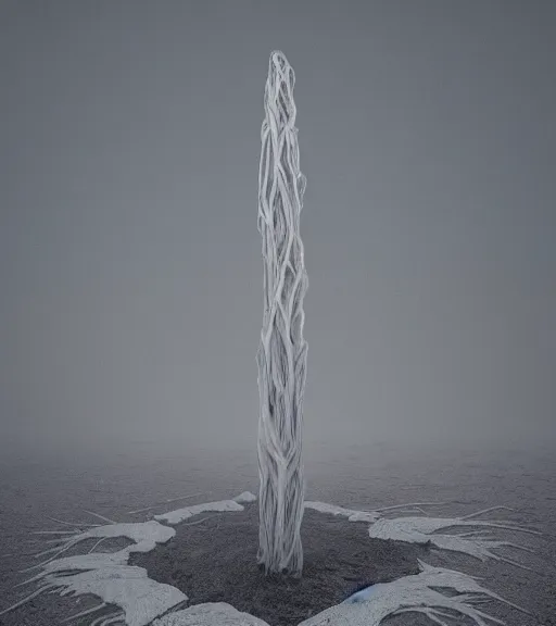 Prompt: surreal elysian angle tower made of white crystalized aerial iridecent veins, inverted white massive roots in the floor, in the desert, foggy sky, dark night, octane render, unreal engine, pale colors, high detail, 8 k, wide angle, trending on artstation, behance