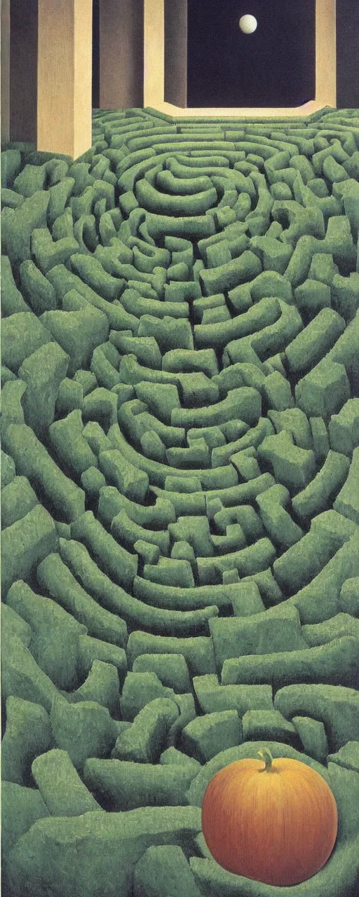 Prompt: labyrinth painting by rene magritte