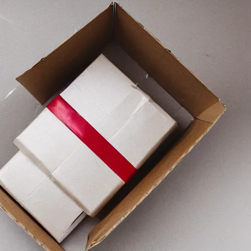 Image similar to broken and damaged cardboard box, wrapped in fragile tape, image white background