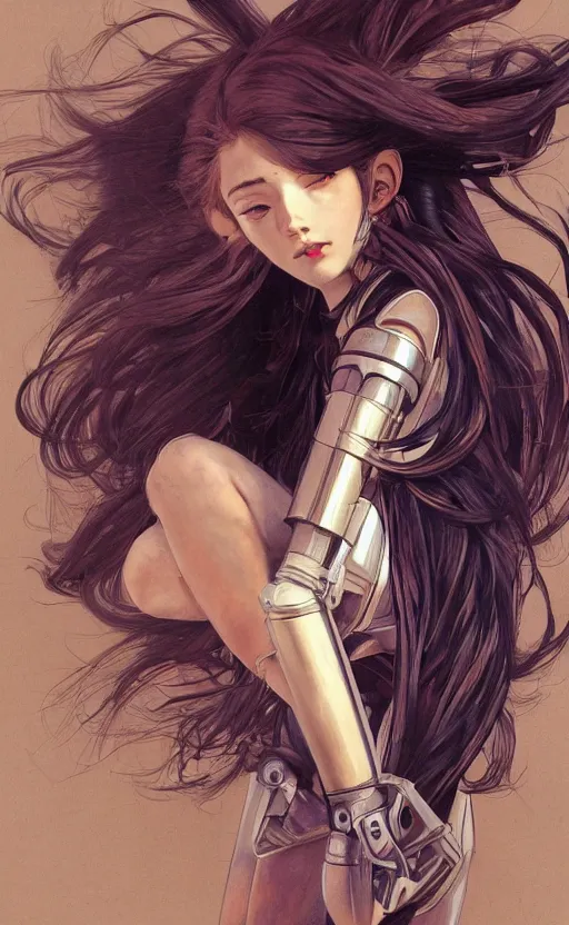 Image similar to girl, fused legs jet engines, cyborg, vintage clothing, anime style, long hair, hair down, symmetrical facial features, from arknights, hyper realistic, 4 k, rule of thirds, extreme detail, detailed drawing, trending artstation, hd, d & d, realistic lighting, by alphonse mucha, greg rutkowski, sharp focus, backlit