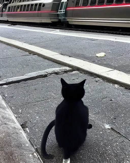 Image similar to cat standing up, cat standing on its hind legs, waiting for a subway train in new york city, as seen on reddit, photograph