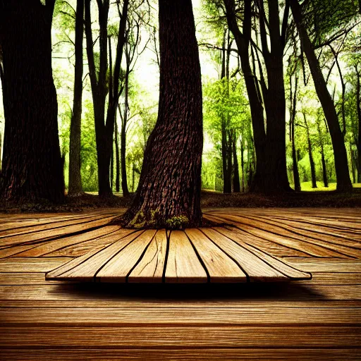 Image similar to wooden platform built around a tree, realistic, photo,