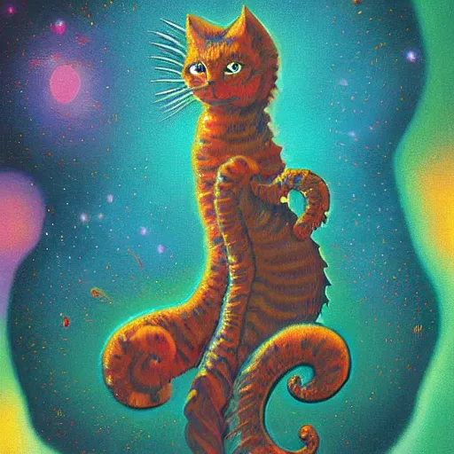 Prompt: cat seahorse shapeshifter, long haired humanoid weirdcore voidpunk fursona, detailed coherent painterly character design digital art by quint buchholz, delphin enjolras, wlop, louis wain, lisa frank, furaffinity, cgsociety, trending on deviantart