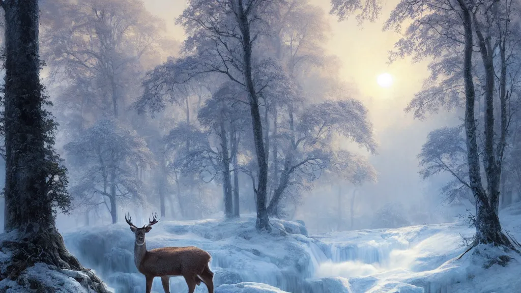 Image similar to the most beautiful panoramic landscape, oil painting, where a giant dreamy waterfall is frozen, the trees around have snow over their leafs, a majestic deer is in close - up and is exhaling steam, the ray lights of the sunrise are brightening him, by greg rutkowski