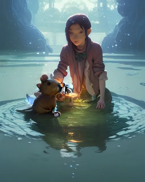 Image similar to highly detailed vfx portrait of a cute little rat casting water magic, unreal engine, greg rutkowski, loish, rhads, beeple, makoto shinkai and lois van baarle, ilya kuvshinov, rossdraws, tom bagshaw, alphonse mucha, global illumination, detailed and intricate environment