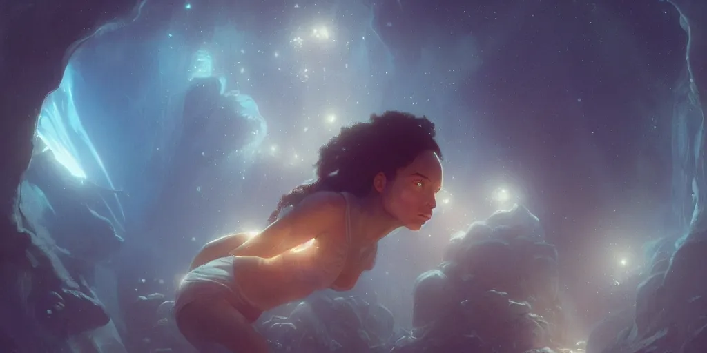 Image similar to Zoe Kravitz as an astronaut, underwater in the ocean at night, eerie atmospheric cave, volumetric lighting, glowing lights, 4k, octane, digital painting, artstation, concept art, sharp focus, illustration, art by artgerm and greg rutkowski and alphonse mucha wide angle view,