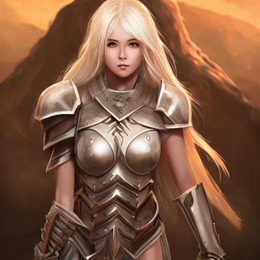 Prompt: realistic beautiful gorgeous natural cute fantasy badass epic paladin knight tanned skin tribal girl white blonde hair art drawn full HD 4K highest quality in artstyle by professional artists WLOP, Taejune Kim, JeonSeok Lee, ArtGerm, Ross draws, Zeronis, Chengwei Pan on Artstation
