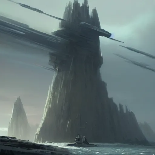 Image similar to star wars concept art by greg rutkowski, a palatial and imposing grey wide tower emerging from the sea in the middle of a ocean landscape, enigmatic atmosphere, beautiful and cinematic lighting, artstation hq.