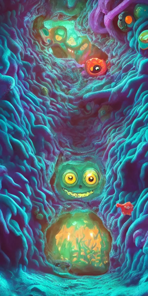 Image similar to of a colorful deep sea cave with strange cute friendly happy creatures with huge eyes, mouth, long tongue and round teeth appearing from sandy coral, in the style of gehry and gaudi, macro lens, shallow depth of field, ultra detailed, digital painting, trending artstation, concept art, illustration, cinematic lighting, photorealism, epic, octane render