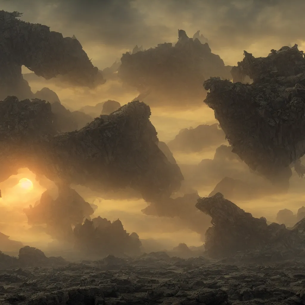 Image similar to An incredibly beautiful but ominous matte painting depicting a landscape with three suns, overgrowing a desolate ruins submerged in fog beneath the setting suns, nvidia, vray, evening, epic scale, octanerender