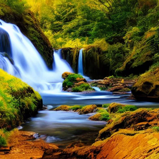 Image similar to beautiful landscape, hilly mountains, rivers, waterfalls, volumetric lighting, vistas, foliage