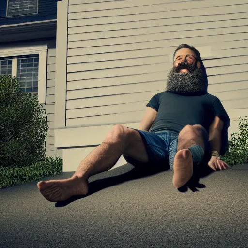 Image similar to long bearded man sliding down the gutter on the side of a house, coherent. cinematic, hyper realism, high detail, 8 k