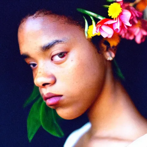 Prompt: extra close-up, color film photography, portrait of a beautiful woman with flowers on her head, in style of Tyler Mitchell, 35mm, film photo