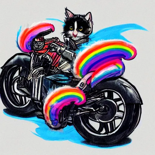 Image similar to wide angle full body, jacket wearing fluffy cute rainbow kitten wearing a black leather motorcycle jacket, riding on a motorcycle, cinematic concept art