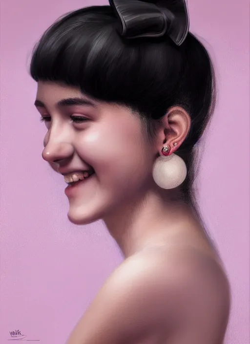 Image similar to portrait of teenage girl, narrow face, black hair, bangs, half updo hairstyle, skinny, big nose, smile, unattractive, defined jawline, big chin, wearing hair bow, earrings, intricate, elegant, glowing lights, highly detailed, digital painting, artstation, sharp focus, illustration, art by wlop, mars ravelo and greg rutkowski