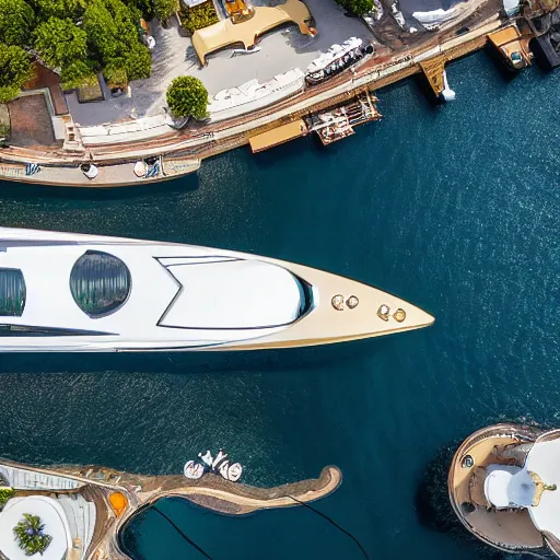 Prompt: gold plated mega yacht with two swimming pools and a helicopter landing pad, drone shot, docked at harbor, clear and focused, elegant, photograph