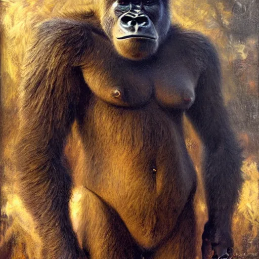 Prompt: highley detailed potrait of an anatomically correct robotic gorilla mecha, painting by gaston bussiere, craig mullins, j. c. leyendecker, lights, art by ernst haeckel, john william godward, hammershøi,