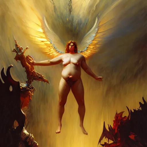 Prompt: obese male lucifer morning star casting a spell summoning male demons, they rise from down bellow. highly detailed painting by gaston bussiere, craig mullins, j. c. leyendecker, 8 k