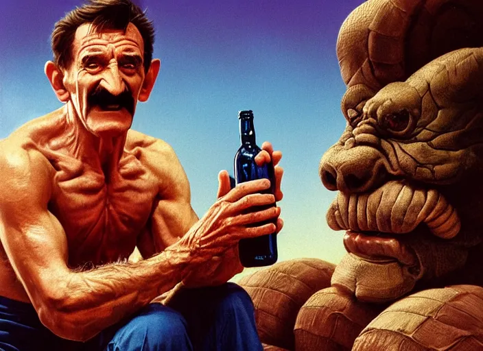 Image similar to barry chuckle drinking a bottle of snake oil, snake oil advertisement from 1 9 8 8, artwork by greg rutkowski and richard corben, 3 d, high resolution 8 k