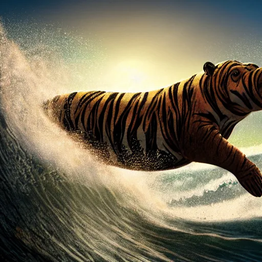 Prompt: a closeup photorealistic photograph of a large knitted tiger hippopotamus riding a large wave during sunset. surf in the background. professional capture. brightly lit scene. this 4 k hd image is trending on artstation, featured on behance, well - rendered, extra crisp, features intricate detail, epic composition and the style of unreal engine.
