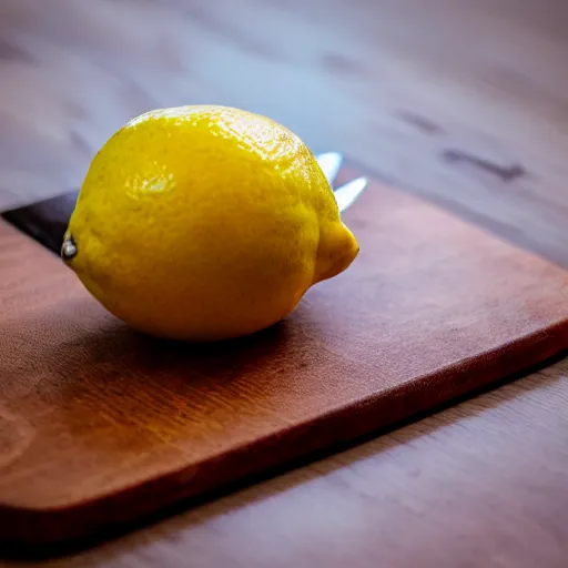 Prompt: Polaroid photo of a lemon on a cutting board, motion blur, out of focus, flash, overexposed, grainy