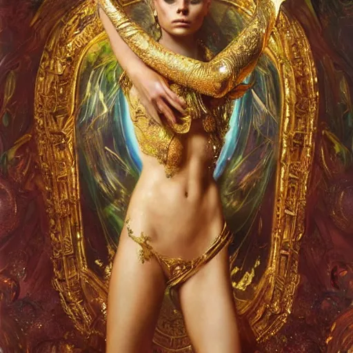 Prompt: cara delevigne as a golden goddess , A stunning masterpiece, by Stanley Artgerm Lau, greg rutkowski, Thomas kindkade, alphonse mucha, loish, norman Rockwel