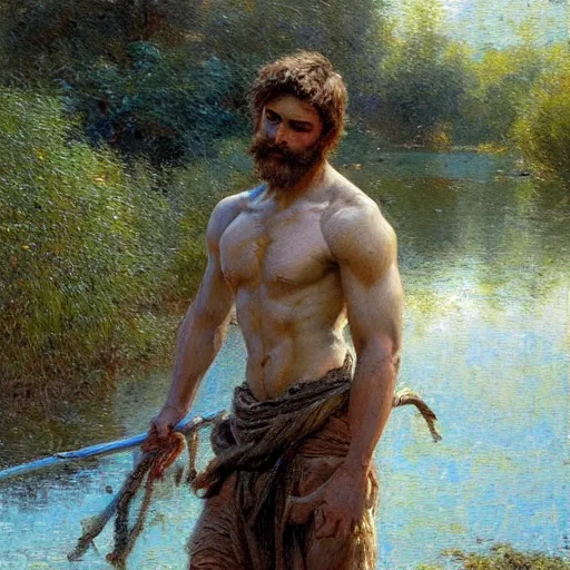 Prompt: young shepherd by a river, playful, male, muscular, detailed face, gorgeous, amazing, muscular, intricate, highly detailed, painting by Gaston Bussiere, Craig Mullins