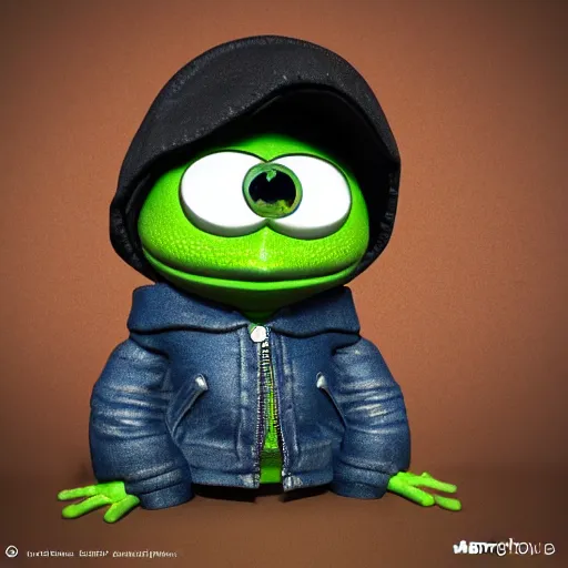 Image similar to perfectly accurate miniature figure of pepe the frog wearing jeans and a black leather jacket, soft textures, skin texture, clothing, 3d sculpture, textured, fine detail, lifelike, photo, high resolution, octane render, post processing, after effects, trending on artstation