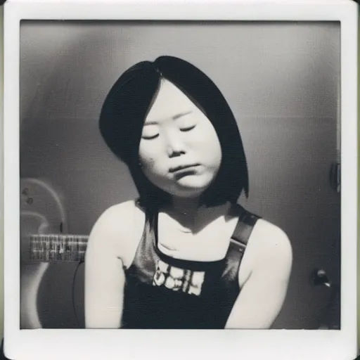 Image similar to a black and white polaroid of a female japanese musician playing an electric guitar, 1 9 7 0 s