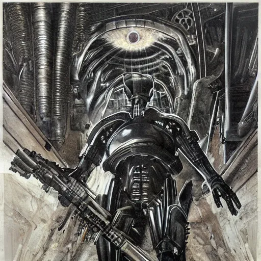 Prompt: a synthetic soldier shooting a massive monster, by h.r Giger, large sense of scale