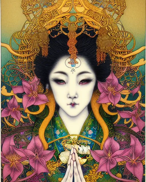 Image similar to beautiful and playful ethereal ginger hindu goddess, art nouveau, fantasy, intricate japanese flower designs, elegant, highly detailed, sharp focus, art by chie yoshii