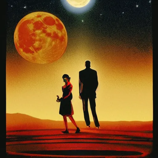 Prompt: movie poster of menacing figure with a cleaver standing in the middle of a road, night, large moon in the sky, by drew struzan, excellent composition, dark