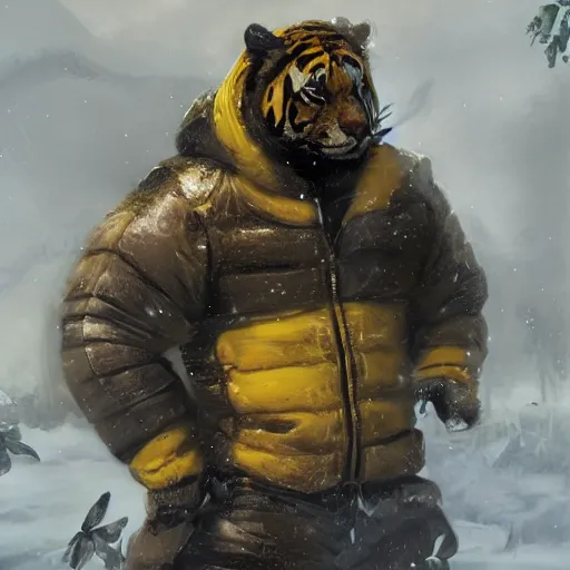 Prompt: a beautfiul award winning aesthetic commission of an antrho albino tiger wearing a yellow-black padded hooded puffer jacket,digital art,art by greg rutkowski,character design by charles bowater,ross tran,photorealistic,detailed face,hyperdetailed,western comic,2021,artstation,deviantart,cg society,3d render