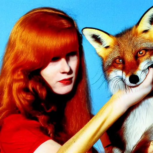 Image similar to portrait of a red haired woman, in 7 0 s clothes, holding a fox over her head while roller skating