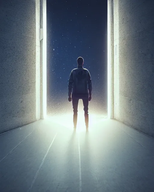Prompt: a person standing in front of an open door, poster art by mike winkelmann, trending on cg society, space art, sci - fi, ue 5, futuristic, volumetric lighting