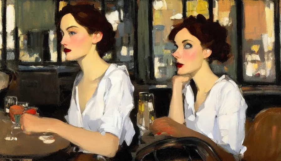 Image similar to painting by malcolm t liepke, young woman in cafe, detailed, stunning