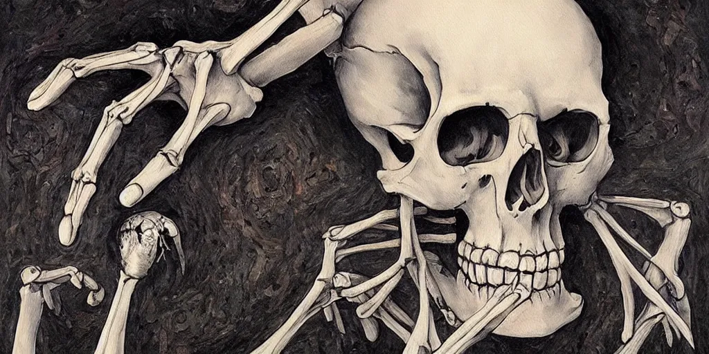 Image similar to a beautiful painting of skeleton by aaron horkey, trending on artstation