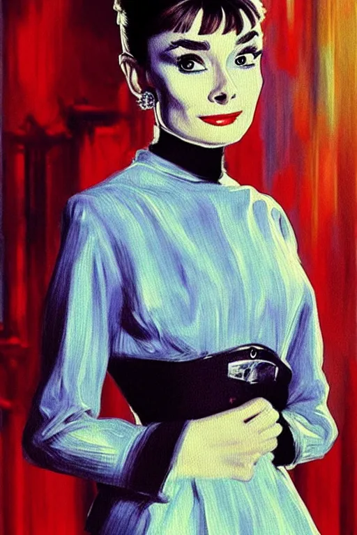 Image similar to impressionism painting of a d & d style retro sci - fi audrey hepburn beautiful face and wearing full detailed clothing