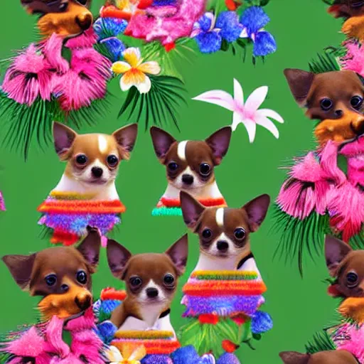 Prompt: small chihuahua puppies with beautiful and tropical clothes, digital art