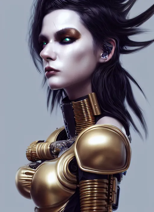 Image similar to soft lustrous ebony ivory biotech raver gutter punk gothic cyborg, golden ratio, details, scifi, fantasy, cyberpunk, intricate, decadent, highly detailed, digital painting, octane render, artstation, concept art, smooth, sharp focus, illustration, art by artgerm, loish, wlop