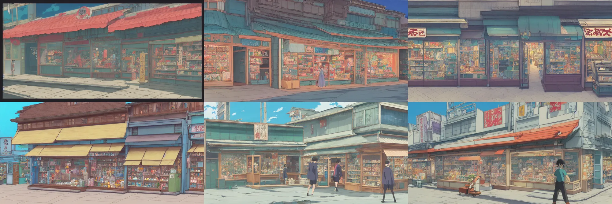 Prompt: front view of a detailed japanese storefront in the beautiful anime film by makoto shinkai and studio ghibli, gouache anime background art