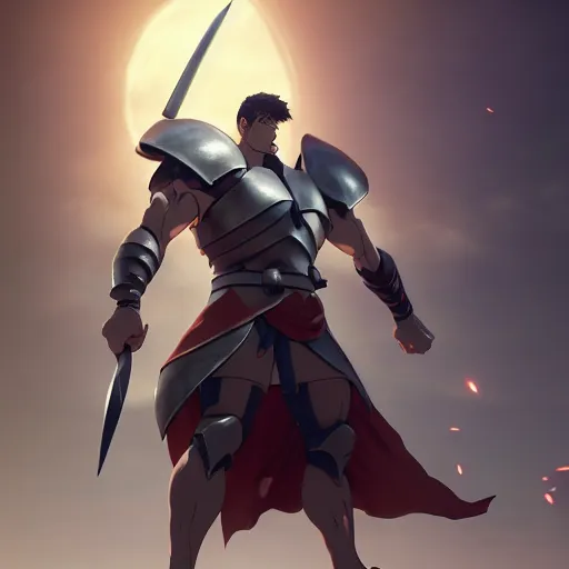 Image similar to strong muscular warrior with a greatsword and wearing plate armor, square masculine facial features, short messy hair, intimidating appearance, 3 d octane render, unreal engine 5, ultra high detail, cel shaded, trending on pixiv fanbox, by greg rutkowski makoto shinkai takashi takeuchi studio ghibli, akihiko yoshida
