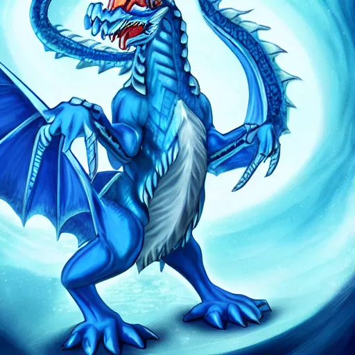 Prompt: an anthropomorphic blue dragon with icy scales, cartoon art trending on furaffinity