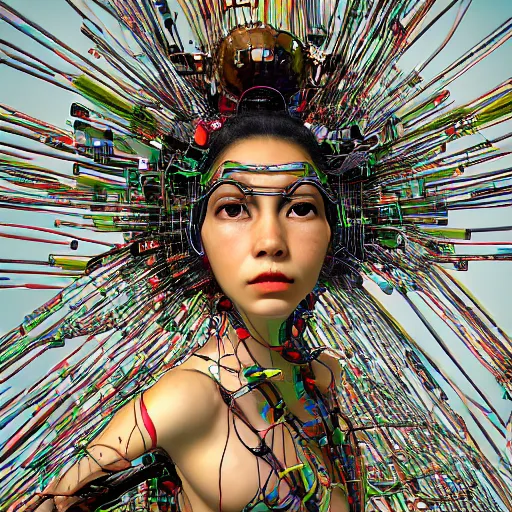 Image similar to swimming deeper into the multiverse, piles of modular synth cables mixed with mangrove roots, kawaii puerto rican goddess chilling out wearing a headpiece made of circuit boards, by cameron gray, wlop, stanley kubrick, masamune, hideki anno, jamie hewlett, unique perspective, trending on artstation, 3 d render, vivid