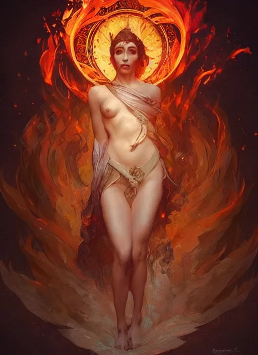 Prompt: “ goddess of fire, highly detailed, digital painting, flames, artstation, concept art, smooth, sharp focus, illustration, art by artgerm and greg rutkowski and alphonse mucha ”